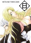  1girl bleach blonde_hair breasts cleavage green_eyes haori hitsugaya_toushirou huge_breasts japanese_clothes long_hair matsumoto_rangiku mole mole_under_mouth scarf shared_scarf taichou_haori white_hair 