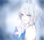  1girl anastasia_(idolmaster) blue_eyes blue_flower dress earrings flower grey_hair highres idolmaster idolmaster_cinderella_girls jewelry jikun necklace short_hair smile solo wedding_dress 