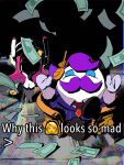  1boy 1girl blue_eyes clenched_hands facial_hair falling_money gloves grey_gloves hair_ornament hairclip hgmercury highres kirby:_planet_robobot kirby_(series) max_profitt_haltmann meme mustache pink_hair purple_hair rayman_limbs shaded_face susie_(kirby) why_dis_ninja_look_so_mad_(meme) yellow_gloves 