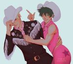  2boys absurdres arm_around_waist bakugou_katsuki bandana bandana_around_neck barbie_(character) barbie_(character)_(cosplay) barbie_(franchise) barbie_(live_action) belt belt_buckle black_belt black_pants black_shirt blonde_hair boku_no_hero_academia buckle buttons closed_mouth commentary cosplay cowboy_fringe cowboy_hat cowboy_shot crossdressing earrings english_commentary finger_gun fingernails floral_print green_eyes green_hair hair_behind_ear hair_between_eyes hat highres jewelry ken_(barbie) ken_(barbie)_(cosplay) male_focus midoriya_izuku multiple_boys pants piercing pink_bandana pink_nails pink_pants pink_vest red_eyes shirt short_hair simple_background single_bare_shoulder sleeveless smile standing star_(symbol) teeth twitter_username vest white_background white_hat yukarietd 