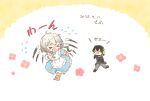  &gt;_&lt; 1boy 1girl apron black_boots black_hair blue_dress boots brown_boots closed_eyes commentary_request dark_konoha dress full_body grey_pants highres kagerou_project konoha_(kagerou_project) kozakura_marry low_ponytail open_mouth pants ponytail running sa-fu_(sfmk39) short_hair_with_long_locks smile translated white_apron white_hair 