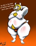 anthro asgore_dreemurr belly belly_hair body_hair bovid breasts caprine chest_hair clothing facial_hair genitals goat hi_res horn lazy_dogg0 male mammal nipples obese orange_clothing overweight penis small_penis solo thick_thighs thong undertale_(series) underwear