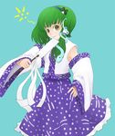  asymmetrical_hair blue_background blue_skirt detached_sleeves frog_hair_ornament gohei green_eyes green_hair hair_ornament itsukage kochiya_sanae long_sleeves looking_at_viewer nontraditional_miko simple_background skirt snake_hair_ornament solo touhou vest wide_sleeves 