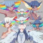  1girl breasts dress feathers grey_background highres kill_la_kill kiryuuin_ragyou large_breasts mature_female multicolored_hair multiple_girls rainbow_hair red_eyes shio_(zsp1jqohfr12495) short_hair simple_background smile standing upper_body white_dress 