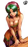  bindi bracelet breasts cleavage dark_skin green_eyes green_hair hisahiko jewelry large_breasts leaning_forward medium_breasts radha_bairaban solo super_robot_wars 