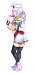  1girl ametani_shiina black_thighhighs blush breasts chef chef_hat cum cum_in_bowl cum_in_container cum_on_body cum_on_breasts dildo_in_mouth full_body green_eyes half-closed_eyes hat highres holding holding_sex_toy large_breasts mixing_bowl nobushito official_art open_clothes pink_shoes pussy_juice saliva scarf second-party_source sex_toy shoes side_ponytail solo taimanin_(series) taimanin_rpgx thighhighs white_background white_hair yellow_scarf 