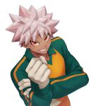  1boy collar dantouya_kanata gloves green_collar green_shirt grin inazuma_eleven_(series) inazuma_eleven_victory_road kokuro_(kosyari) long_sleeves male_focus raimon raimon_soccer_uniform red_eyes shirt simple_background smile soccer_uniform solo spiked_hair sportswear teeth twitter_username upper_body white_background white_gloves 