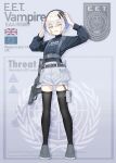 1girl absurdres belt belt_buckle biohazard_symbol black_belt black_sweater black_thighhighs buckle cargo_shorts character_name chest_harness clothes_writing ear_protection english_commentary english_text fingernails flag full_body gradient_background grey_background grey_eyes grey_hair grey_shoes gun h&amp;k_vp70 hair_ornament handgun hands_up harness heterochromia highres jerry_wang long_sleeves open_mouth original pink_eyes pouch shoes short_hair shorts sign simple_background skindentation snap-fit_buckle solo standing sweater thigh_pouch thighhighs turtleneck turtleneck_sweater union_jack united_kingdom warning_sign weapon white_hair white_shorts 