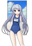  ahoge anzelotte blue_eyes blush_stickers cameltoe kickboard long_hair name_tag night_wizard one-piece_swimsuit school_swimsuit silver_hair solo swimsuit wapokichi 