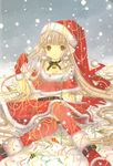  :o bell belt blonde_hair boots brown_eyes capelet chii chobits choker christmas clamp confetti fur_trim gloves hat holly long_hair looking_at_viewer off_shoulder pom_pom_(clothes) red_capelet red_footwear red_gloves red_legwear ribbon robot_ears santa_boots santa_costume santa_hat snow snowing solo thighhighs yellow_eyes 