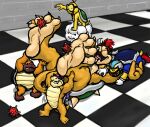 2019 2_horns 4_toes anthro biped bowser chargin&#039;_chuck checkered checkered_floor claws eyewear fangs feet football_helmet glasses green_shell group hair horn kctk koopa koopaling lakitu lakitu&#039;s_cloud laugh lying male male/male mario_bros multicolored_body multicolored_scales nintendo on_back on_ground open_mouth open_smile pink_tongue red_hair restrained roy_koopa scales scalie shell smile spiked_shell spikes spikes_(anatomy) spiny standing submissive submissive_anthro submissive_male sumo_bro tail tail_tickle tan_body tan_scales teeth tickle_fetish tickle_torture tickling tickling_armpits tickling_feet toe_claws toes tongue wearing_glasses wearing_sunglasses yellow_body yellow_scales