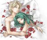  androgynous bed_sheet bishoujo_senshi_sailor_moon blonde_hair couple flower green_hair kaiou_michiru long_hair multiple_girls naked_sheet nude red_flower red_rose reverse_trap rose shilin short_hair signature sleeping ten'ou_haruka under_covers very_short_hair yuri 