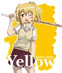  bamboo_blade blonde_hair blush chiba_kirino nyazui red_eyes school_uniform shinai solo sword weapon 