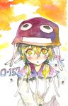  blonde_hair bow hair_bow hat hood hoodie mizuta_kenji moyashimon simple_background solo traditional_media twintails watercolor_(medium) 