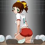  attack_no_1 ayuhara_kozue bow brown_hair buruma green_eyes hair_bow haruyama_kazunori kneeling looking_back lowres oldschool ponytail solo volleyball 