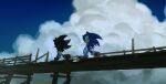  2boys animal_ears blue_sky bridge cloud cloudy_sky dock gloves green_eyes hedgehog_boy highres looking_at_viewer multiple_boys red_shoes shadow_the_hedgehog shoes sky smile sonic_(series) sonic_the_hedgehog tail unneul walking white_gloves wooden_bridge 