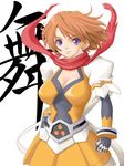  black_gloves bodysuit bracelet breasts brown_hair cleavage clenched_hand elbow_gloves gloves jewelry large_breasts looking_at_viewer my-otome orange_bodysuit orange_shirt purple_eyes red_scarf scarf shirt short_hair simple_background solo t2r tokiha_mai white_background 