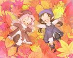  :d ^_^ autumn autumn_leaves brown_hair closed_eyes fairy hat leaf long_hair mimukamu multiple_girls open_mouth original pink_hair pointy_ears smile wavy_hair wings 