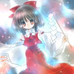  bow brown_hair detached_sleeves dress dutch_angle gohei hair_bow hakurei_reimu holding long_sleeves looking_at_viewer lowres ofuda outstretched_arms red_bow red_dress red_eyes short_hair sidelocks solo stick torii_sumi touhou wide_sleeves 