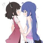  2girls ass bare_shoulders blue_eyes blue_shirt blush brown_hair commentary_request dress from_side giryu gradient_clothes gradient_shirt guided_fingering heart huge_ass looking_at_another multiple_girls open_mouth otomachi_una profile purple_hair purple_shirt red_dress red_eyes sailor_collar shirt simple_background skirt sweat touhoku_kiritan twintails vocaloid voiceroid white_background white_sailor_collar white_shirt white_skirt yuri 