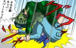  2girls blue_dress blue_hair camouflage camouflage_dress cosplay dress green_eyes green_hair kawashiro_nitori kinnikuman kinnikuman_soldier kinnikuman_soldier_(cosplay) mask multiple_girls muscle_spark sutekase touhou translation_request wrestling wrestling_mask yamashiro_takane 