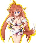  animal_ears arf artist_request bare_shoulders blue_eyes breasts cleavage fox_ears gloves large_breasts long_hair lowres lyrical_nanoha mahou_shoujo_lyrical_nanoha mahou_shoujo_lyrical_nanoha_a's midriff red_hair solo tail 