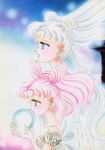  1990s_(style) 2girls absurdres artbook bishoujo_senshi_sailor_moon blue_background blue_eyes chibi_usa child cone_hair_bun crescent crescent_facial_mark double_bun earrings facial_mark forehead_mark from_side hair_bun hands_up height_difference highres incredibly_absurdres jewelry mother_and_daughter multiple_girls non-web_source official_art pale_skin pink_hair pink_lips princess princess_serenity red_eyes retro_artstyle scan small_lady_serenity takeuchi_naoko tsukino_usagi white_hair 