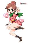  brown_eyes brown_hair copyright_request double_bun hair_ornament heart highres japanese_clothes ninja oekaki onija_tarou sandals scarf short_hair smile socks solo tunic 