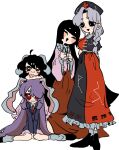  4girls ahoge animal_ears belt black_dress black_eyes black_hair black_hat black_shoes blue_jacket blush_stickers bow braid breasts brown_eyes clenched_hands closed_eyes closed_mouth collared_shirt constellation_print cross dress frills full_body grey_hair grey_shirt grey_socks hair_between_eyes hands_on_another&#039;s_head hands_up haniwa_kue hat highres hime_cut houraisan_kaguya inaba_tewi jacket japanese_clothes lapels long_hair long_sleeves looking_at_another looking_at_viewer low-braided_long_hair low-tied_long_hair medium_breasts multiple_girls necktie nurse_cap open_mouth parted_bangs pink_dress pink_shirt pink_skirt puffy_short_sleeves puffy_sleeves purple_hair rabbit_ears rabbit_girl red_dress red_eyes red_necktie red_skirt reisen_udongein_inaba shirt shoes short_hair short_sleeves sidelocks simple_background sitting skirt smile socks standing touhou two-tone_dress very_long_hair white_background white_belt white_bow wide_sleeves yagokoro_eirin 