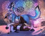 absurd_res anthro belly_riding big_breasts blue_body blue_eyes blue_fur blush bound breasts brown_body brown_fur canid canine canis duo female female/female fur green_eyes harness hi_res ithilwen_galanodel jackal looking_pleasured mammal nipples raised_tail tail taur tlt_echelon white_body white_fur wolf xenon_archer