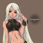  bare_shoulders bracelet copyright_request eika_(artist) hand_in_hair jewelry lips long_hair midriff navel red_eyes simple_background sleeveless solo white_hair 