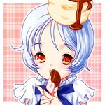  bisuke-tan blue_hair eating food kfc lowres nekomata_naomi object_on_head popsicle red_eyes short_hair solo 