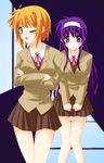  arisa_bannings blonde_hair blue_eyes hairband lyrical_nanoha mahou_shoujo_lyrical_nanoha_strikers multiple_girls one_eye_closed purple_hair saki_chisuzu school_uniform short_hair tsukimura_suzuka 