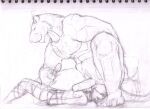 anthro balls balls_on_face big_balls big_penis bound crouching dominant dominant_anthro duo erection feet felid forced fur genitals human human_on_anthro interspecies jeri_kleinlowe male male/male mammal navel nipples nude pantherine penis rape sex simple_background size_difference smile tea_bagging tiger traditional_media_(artwork) white_background