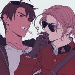  2boys america_(hetalia) antenna_hair axis_powers_hetalia belt blonde_hair brown_belt brown_hair canada_(hetalia) cigarette dog_tags eye_contact eyewear_on_head gloves holding holding_cigarette jacket jewelry looking_at_another male_focus multiple_boys necklace official_alternate_design police ponytail purple_eyes red_eyes red_jacket royal_canadian_mounted_police sam_browne_belt shirt smoking sunglasses to@st white_shirt 