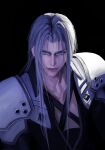  1boy armor black_background black_coat chest_strap chinese_commentary closed_mouth coat collarbone commentary_request final_fantasy final_fantasy_vii final_fantasy_vii_remake green_eyes grey_hair highres lips long_bangs long_hair looking_at_viewer male_focus parted_bangs sephiroth shoulder_armor smirk solo sxzz1597 upper_body 