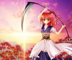 arms_up cloud flower obi ocean onozuka_komachi outdoors puffy_short_sleeves puffy_sleeves red_eyes red_hair ringo_apple sash scythe short_sleeves solo spider_lily sunlight sunrise touhou twilight two_side_up 