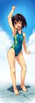  :d arm_up armpits barefoot black_hair blush bosshi cameltoe cloud competition_swimsuit day feet flat_chest full_body highleg highleg_swimsuit highres legs one-piece_swimsuit one_eye_closed open_mouth original outdoors pink_eyes see-through short_hair sky smile solo standing swimsuit wet 