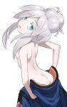  1girl ass blue_eyes colored_eyelashes commentary deux_murasame expressionless flat_chest green_eyes grey_hair gundam gundam_gquuuuuux hair_bun halulu highres long_hair looking_at_viewer mobile_suit_gundam purple_pupils simple_background solo updo white_background white_eyelashes white_hair 