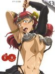  armor blush breasts claudette_(queen's_blade) cleavage green_eyes helmet highres large_breasts muscle nigou open_mouth queen's_blade red_hair solo sweat sword tearing_clothes torn_clothes underboob weapon 