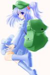  backpack bag blue_eyes blue_hair boots hair_bobbles hair_ornament kawashiro_nitori shirotsuki_kouta solo touhou two_side_up 