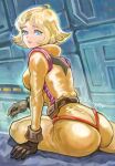 1girl ass blonde_hair blue_eyes bodysuit breasts brown_gloves commentary crying crying_with_eyes_open dated english_commentary gloves gundam highres looking_at_viewer looking_back mecha_pilot_suit medium_breasts mobile_suit_gundam normal_suit_(gundam) okrdisk2000 orange_bodysuit sayla_mass short_hair solo tears 