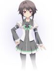  1girl 9-nine- arm_at_side black_hair black_pantyhose black_skirt blush bow bowtie breasts closed_mouth collarbone feet_out_of_frame frilled_sleeves frills frown green_bow green_bowtie hair_between_eyes hair_intakes hair_ornament hairclip hand_on_own_hip highres juliet_sleeves long_sleeves looking_at_viewer official_art open_clothes open_shirt pantyhose pleated_skirt promotional_art puffy_sleeves red_brooch red_eyes school_uniform shirt short_hair_with_long_locks simple_background skirt small_breasts solo standing transparent_background white_shirt wide_sleeves yuuki_noa 