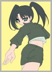  amasawa_yuuko ass black_hair border dennou_coil foreshortening from_behind green_eyes kouki_kuu long_sleeves looking_at_viewer looking_back lowres outstretched_arm simple_background solo twintails yellow_background 