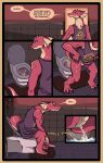 anthro artemis_(dungeons_of_aether) bathroom bodily_fluids bottomless bottomwear casual_urination claws clothed clothing clothing_lift comic dialogue dragon dungeons_of_aether english_text female frill_(anatomy) genital_fluids genitals groggy hi_res hopful_anomenoe lizard mythological_creature mythological_scalie mythology nightshirt pussy red_body red_scales reflection reptile rivals_of_aether rug scales scalie sitting_on_toilet skirt skirt_lift sleepwear solo speech_bubble text toe_claws toilet toilet_bowl toilet_seat toilet_use urine urine_stream