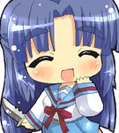  :d ^_^ asakura_ryouko blue_hair blue_sailor_collar blush chibi closed_eyes eyebrows facing_viewer hahifuhe heart heart_in_mouth kita_high_school_uniform knife long_hair lowres oekaki open_mouth sailor_collar school_uniform serafuku smile solo suzumiya_haruhi_no_yuuutsu 