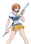  1girl absurdres bare_arms bare_legs blue_shirt blush breasts cleavage clima-tact closed_mouth collarbone earrings feet_out_of_frame fighting_stance hair_behind_ear highres holding holding_staff jewelry kikomauriz lips looking_at_viewer medium_breasts miniskirt nami_(one_piece) one_piece orange_hair pink_lips shirt short_hair short_sleeves skirt solo staff two-tone_shirt v-neck white_background white_shirt yellow_skirt 