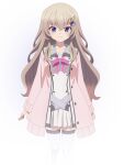 1girl 9-nine- arms_at_sides belt blue_eyes blush bow bowtie brown_hair buttons cardigan closed_mouth double-breasted dress feet_out_of_frame gear_hair_ornament grey_belt hair_between_eyes hair_ornament highres kujou_miyako long_hair long_sleeves looking_at_viewer official_art open_cardigan open_clothes pink_bow pink_bowtie pink_cardigan promotional_art school_uniform short_dress simple_background smile solo split_mouth standing star_(symbol) star_print straight-on thighhighs transparent_background very_long_hair white_dress white_thighhighs wing_hair_ornament zettai_ryouiki 