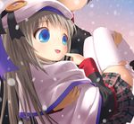  blue_eyes buttons carrying fang hat large_buttons little_busters! long_hair noumi_kudryavka plaid plaid_skirt princess_carry school_uniform silver_hair skirt solo thighhighs uni 