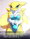 absurd_res ando anthro bandai_namco black_sclera blush bunny_costume canid canine clothing costume digimon digimon_(species) female fingers_together fur hi_res mammal renamon simple_background solo white_background white_body white_fur yellow_body yellow_fur